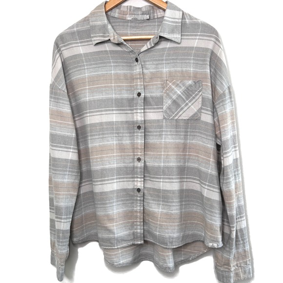 Prana Womens Plaid Button Down Flannel Shirt Long Sleeve Casual Beige Size L - Picture 2 of 8
